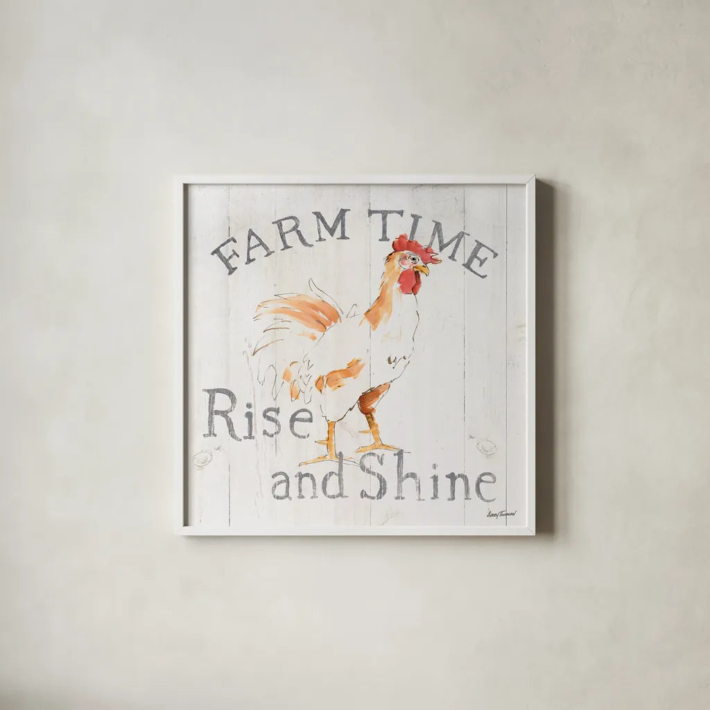 Farm Time wood by Avery Tillmon. Shown in a crisp white glass frame for a clean and minimalist style. Available as an archival giclee rolled canvas, fine art paper, or poster print. SKU 58156a.