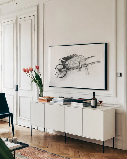 Farm and Garden IV by Avery Tillmon. shown as a framed stretched canvas in a living room above a console. Available as a archival giclee rolled canvas, fine art paper, or poster print. SKU 59900i.