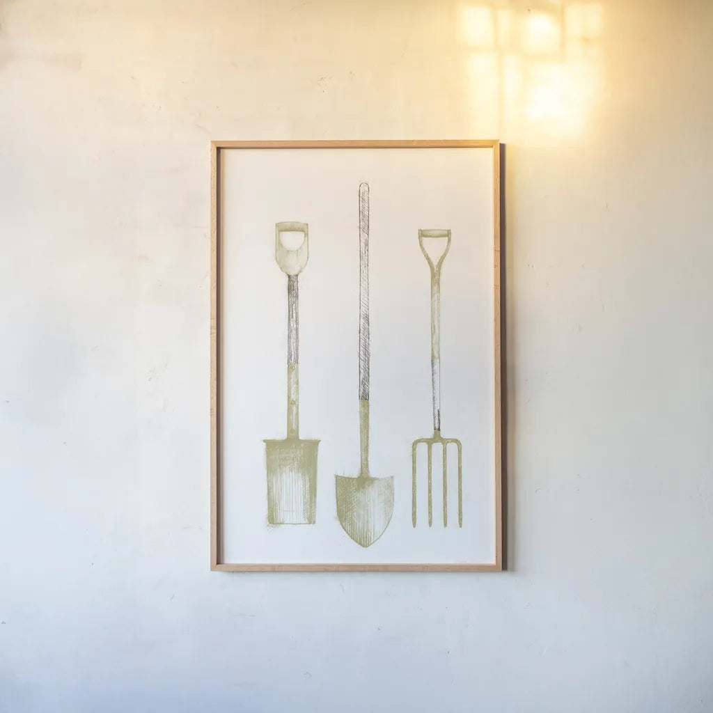 Farm and Garden VII Gold by Avery Tillmon. shown as a paper print in a natural frame. Available as a archival giclee rolled canvas, fine art paper, or poster print. SKU 87936h.