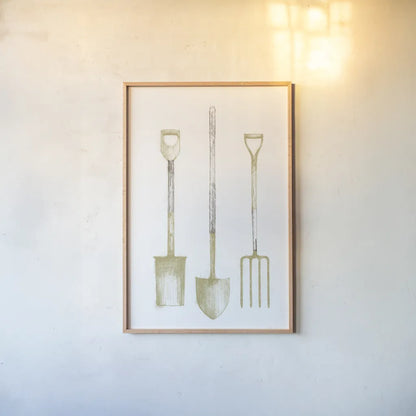 Farm and Garden VII Gold by Avery Tillmon. shown as a paper print in a natural frame. Available as a archival giclee rolled canvas, fine art paper, or poster print. SKU 87936h.