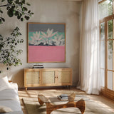 Field Day by Avery Tillmon. Shown in a natural wood frame in a cozy modern living room. Available as an archival giclee rolled canvas, fine art paper, or poster print. SKU 36356a.