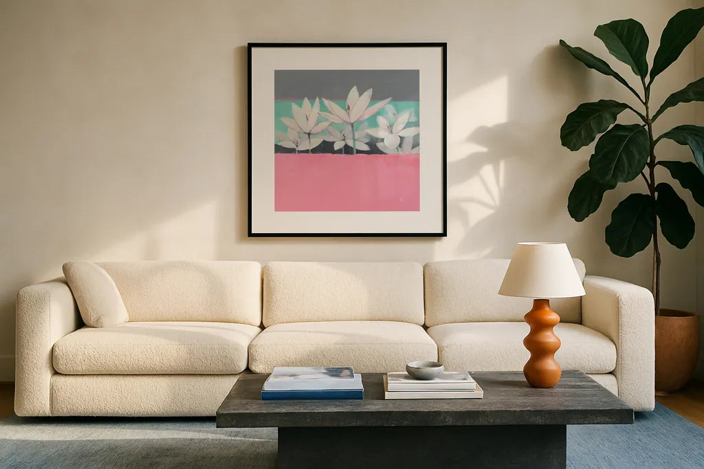 Field Day by Avery Tillmon. Displayed in a glass frame with matte in a clean modern living room. Available as an archival giclee rolled canvas, fine art paper, or poster print. SKU 36356a.