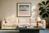 Field Day Dusty Pink by Avery Tillmon. Displayed in a glass frame with matte in a clean modern living room. Available as an archival giclee rolled canvas, fine art paper, or poster print. SKU 37048a.