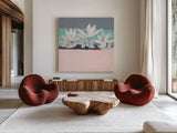 Field Day Dusty Pink by Avery Tillmon. Shown as extra-large giant wall art in a modern living room. Available as an archival giclee rolled canvas, fine art paper, or poster print. SKU 37048a.