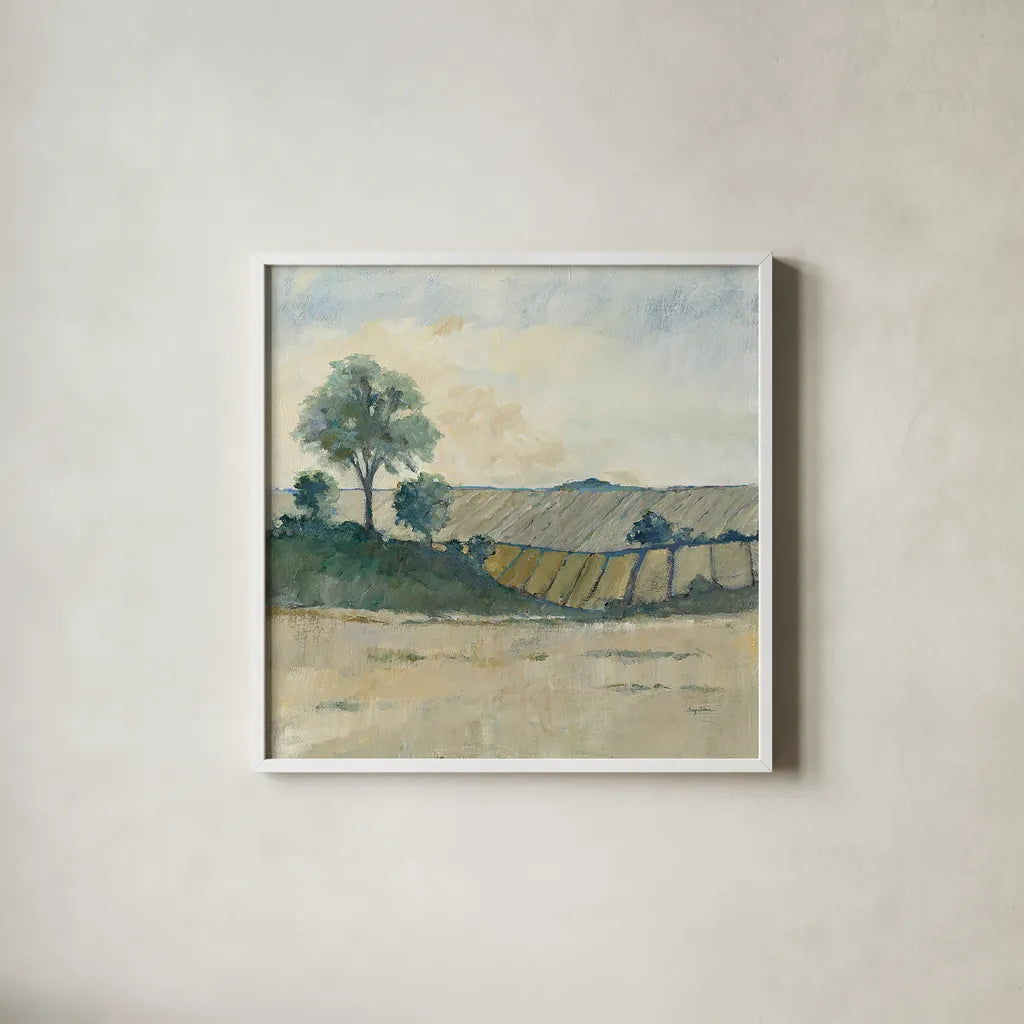 Fields before the Storm by Avery Tillmon. Shown in a crisp white glass frame for a clean and minimalist style. Available as an archival giclee rolled canvas, fine art paper, or poster print. SKU 26440a.