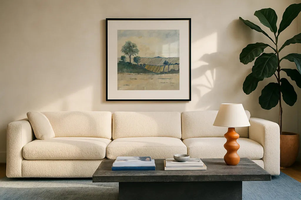 Fields before the Storm by Avery Tillmon. Displayed in a glass frame with matte in a clean modern living room. Available as an archival giclee rolled canvas, fine art paper, or poster print. SKU 26440a.