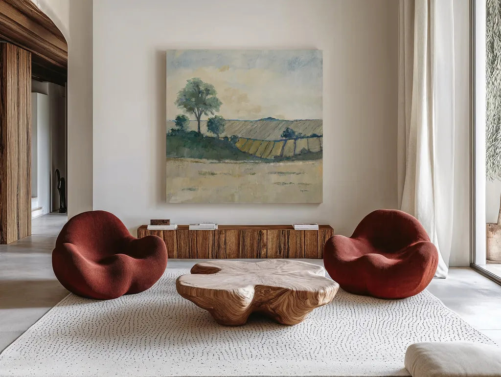 Fields before the Storm by Avery Tillmon. Shown as extra-large giant wall art in a modern living room. Available as an archival giclee rolled canvas, fine art paper, or poster print. SKU 26440a.