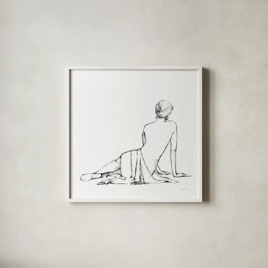 Figure Study II BW by Avery Tillmon. Shown in a crisp white glass frame for a clean and minimalist style. Available as an archival giclee rolled canvas, fine art paper, or poster print. SKU 53950a.