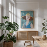 Flea Market Portrait II Blue v2 by Avery Tillmon. shown as a print in a natural wood frame in a dining room. Available as a archival giclee rolled canvas, fine art paper, or poster print. SKU 80746h.