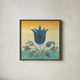 Flowers of Jaipur I Gold by Avery Tillmon. Shown in a sleek black glass frame for a contemporary gallery look. Available as an archival giclee rolled canvas, fine art paper, or poster print. SKU 49445a.