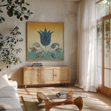 Flowers of Jaipur I Gold by Avery Tillmon. Shown in a natural wood frame in a cozy modern living room. Available as an archival giclee rolled canvas, fine art paper, or poster print. SKU 49445a.