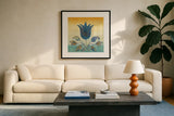 Flowers of Jaipur I Gold by Avery Tillmon. Displayed in a glass frame with matte in a clean modern living room. Available as an archival giclee rolled canvas, fine art paper, or poster print. SKU 49445a.