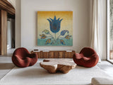 Flowers of Jaipur I Gold by Avery Tillmon. Shown as extra-large giant wall art in a modern living room. Available as an archival giclee rolled canvas, fine art paper, or poster print. SKU 49445a.