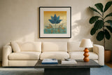 Flowers of Jaipur II Gold by Avery Tillmon. Displayed in a glass frame with matte in a clean modern living room. Available as an archival giclee rolled canvas, fine art paper, or poster print. SKU 49446a.