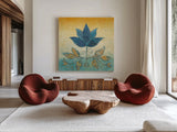Flowers of Jaipur II Gold by Avery Tillmon. Shown as extra-large giant wall art in a modern living room. Available as an archival giclee rolled canvas, fine art paper, or poster print. SKU 49446a.