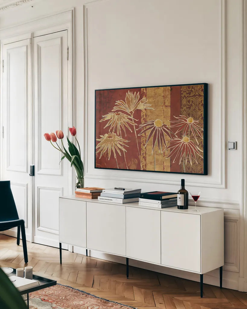 Flowers on Spice by Avery Tillmon. shown as a framed stretched canvas in a living room above a console. Available as a archival giclee rolled canvas, fine art paper, or poster print. SKU 49713i.