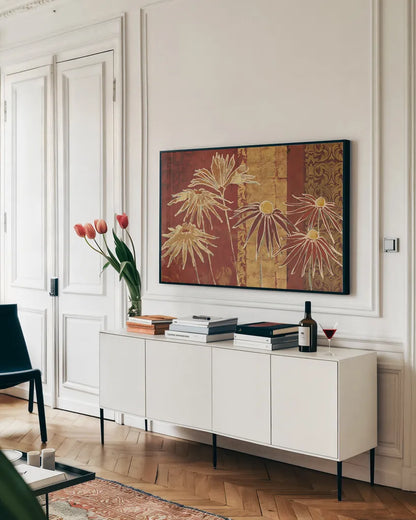 Flowers on Spice by Avery Tillmon. shown as a framed stretched canvas in a living room above a console. Available as a archival giclee rolled canvas, fine art paper, or poster print. SKU 49713i.