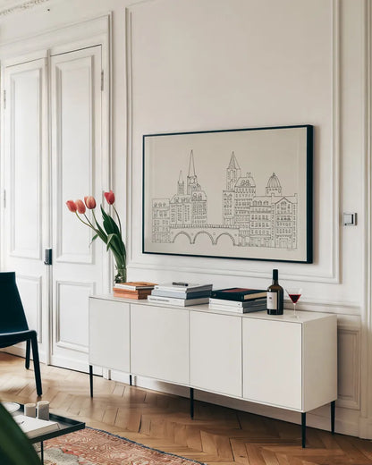 French Script II Neutral by Avery Tillmon. shown as a framed stretched canvas in a living room above a console. Available as a archival giclee rolled canvas, fine art paper, or poster print. SKU 76261i.