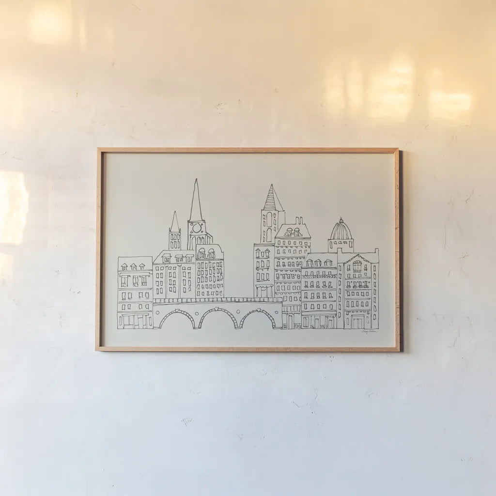 French Script II Neutral by Avery Tillmon. shown as a paper print in a natural frame. Available as a archival giclee rolled canvas, fine art paper, or poster print. SKU 76261i.