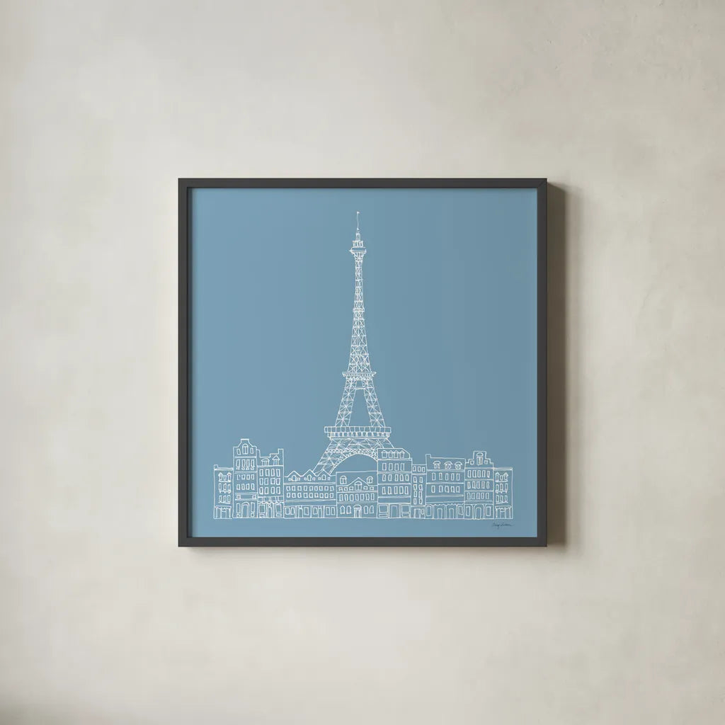 French Script III Blue by Avery Tillmon. Shown in a sleek black glass frame for a contemporary gallery look. Available as an archival giclee rolled canvas, fine art paper, or poster print. SKU 76259a.