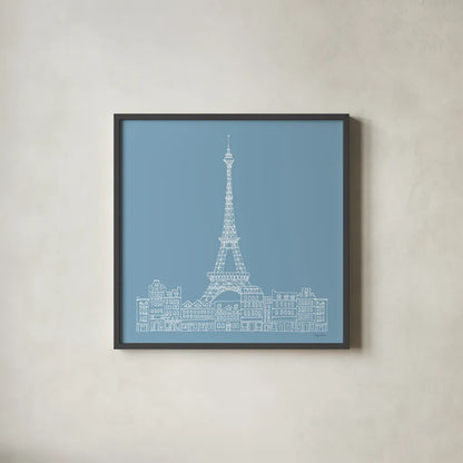 French Script III Blue by Avery Tillmon. Shown in a sleek black glass frame for a contemporary gallery look. Available as an archival giclee rolled canvas, fine art paper, or poster print. SKU 76259a.