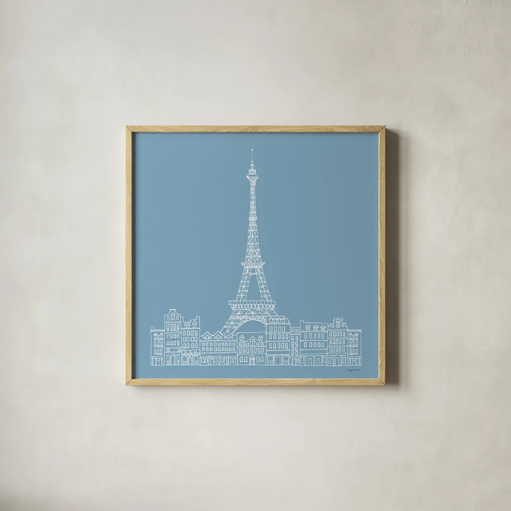 French Script III Blue by Avery Tillmon. Shown in a natural wood glass frame for a timeless modern aesthetic. Available as an archival giclee rolled canvas, fine art paper, or poster print. SKU 76259a.