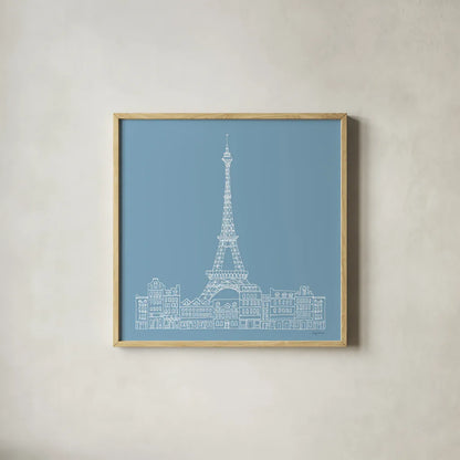 French Script III Blue by Avery Tillmon. Shown in a natural wood glass frame for a timeless modern aesthetic. Available as an archival giclee rolled canvas, fine art paper, or poster print. SKU 76259a.