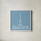 French Script III Blue by Avery Tillmon. Shown in a crisp white glass frame for a clean and minimalist style. Available as an archival giclee rolled canvas, fine art paper, or poster print. SKU 76259a.