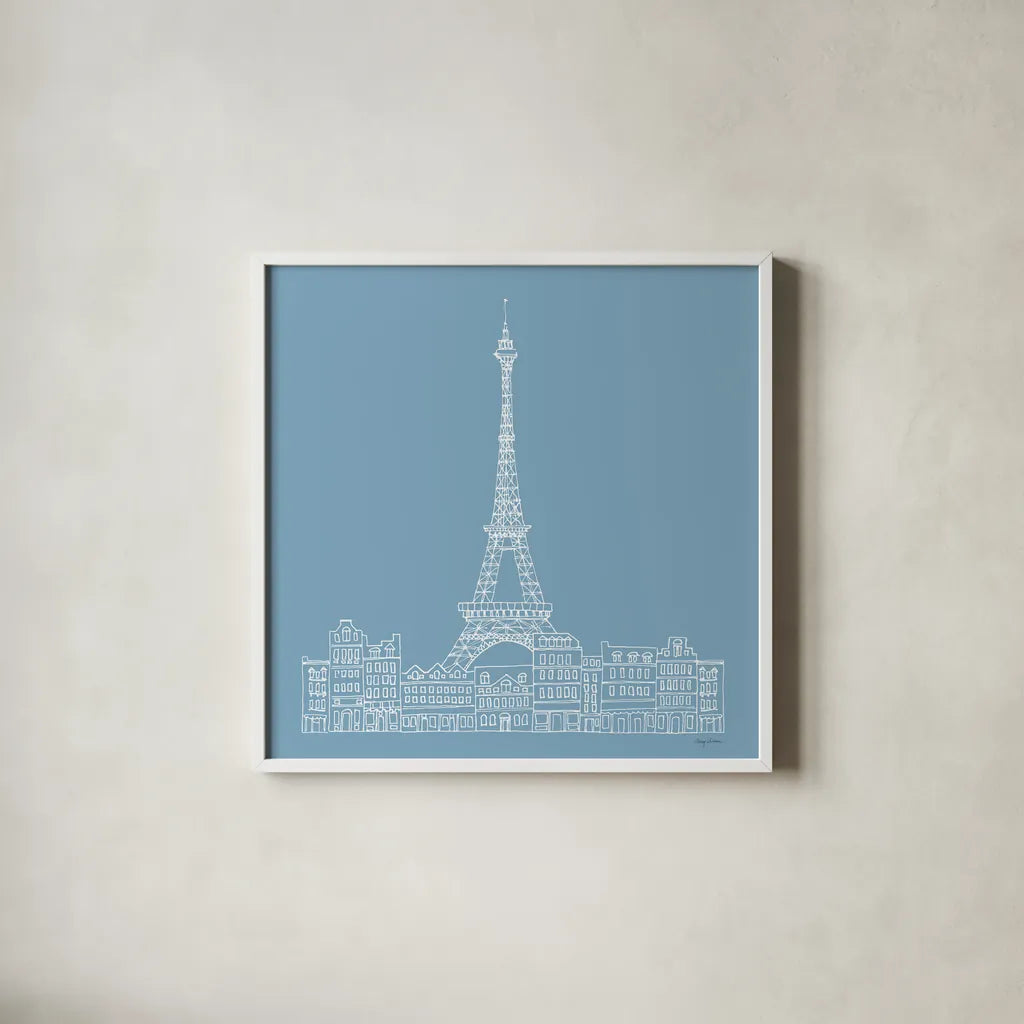 French Script III Blue by Avery Tillmon. Shown in a crisp white glass frame for a clean and minimalist style. Available as an archival giclee rolled canvas, fine art paper, or poster print. SKU 76259a.