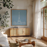 French Script III Blue by Avery Tillmon. Shown in a natural wood frame in a cozy modern living room. Available as an archival giclee rolled canvas, fine art paper, or poster print. SKU 76259a.