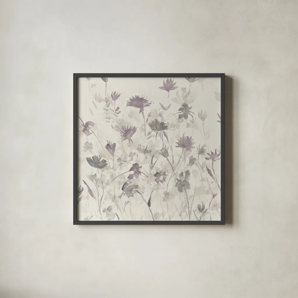Garden Shadows III Purple Grey by Avery Tillmon. Shown in a sleek black glass frame for a contemporary gallery look. Available as an archival giclee rolled canvas, fine art paper, or poster print. SKU 29004a.