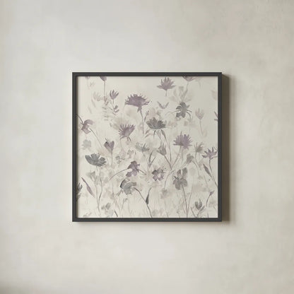 Garden Shadows III Purple Grey by Avery Tillmon. Shown in a sleek black glass frame for a contemporary gallery look. Available as an archival giclee rolled canvas, fine art paper, or poster print. SKU 29004a.
