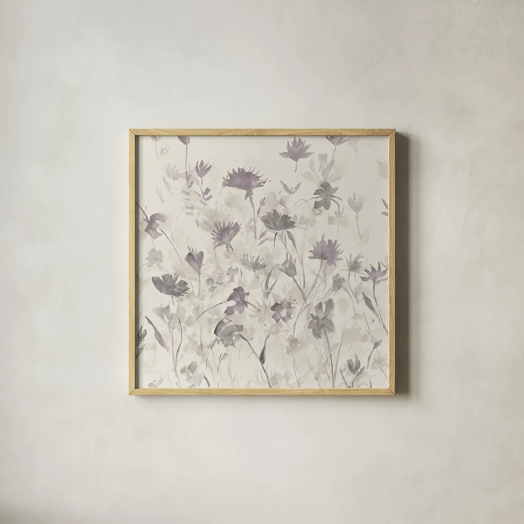 Garden Shadows III Purple Grey by Avery Tillmon. Shown in a natural wood glass frame for a timeless modern aesthetic. Available as an archival giclee rolled canvas, fine art paper, or poster print. SKU 29004a.
