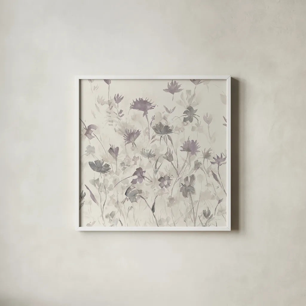 Garden Shadows III Purple Grey by Avery Tillmon. Shown in a crisp white glass frame for a clean and minimalist style. Available as an archival giclee rolled canvas, fine art paper, or poster print. SKU 29004a.