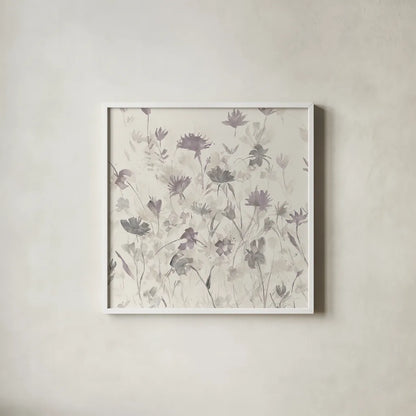 Garden Shadows III Purple Grey by Avery Tillmon. Shown in a crisp white glass frame for a clean and minimalist style. Available as an archival giclee rolled canvas, fine art paper, or poster print. SKU 29004a.