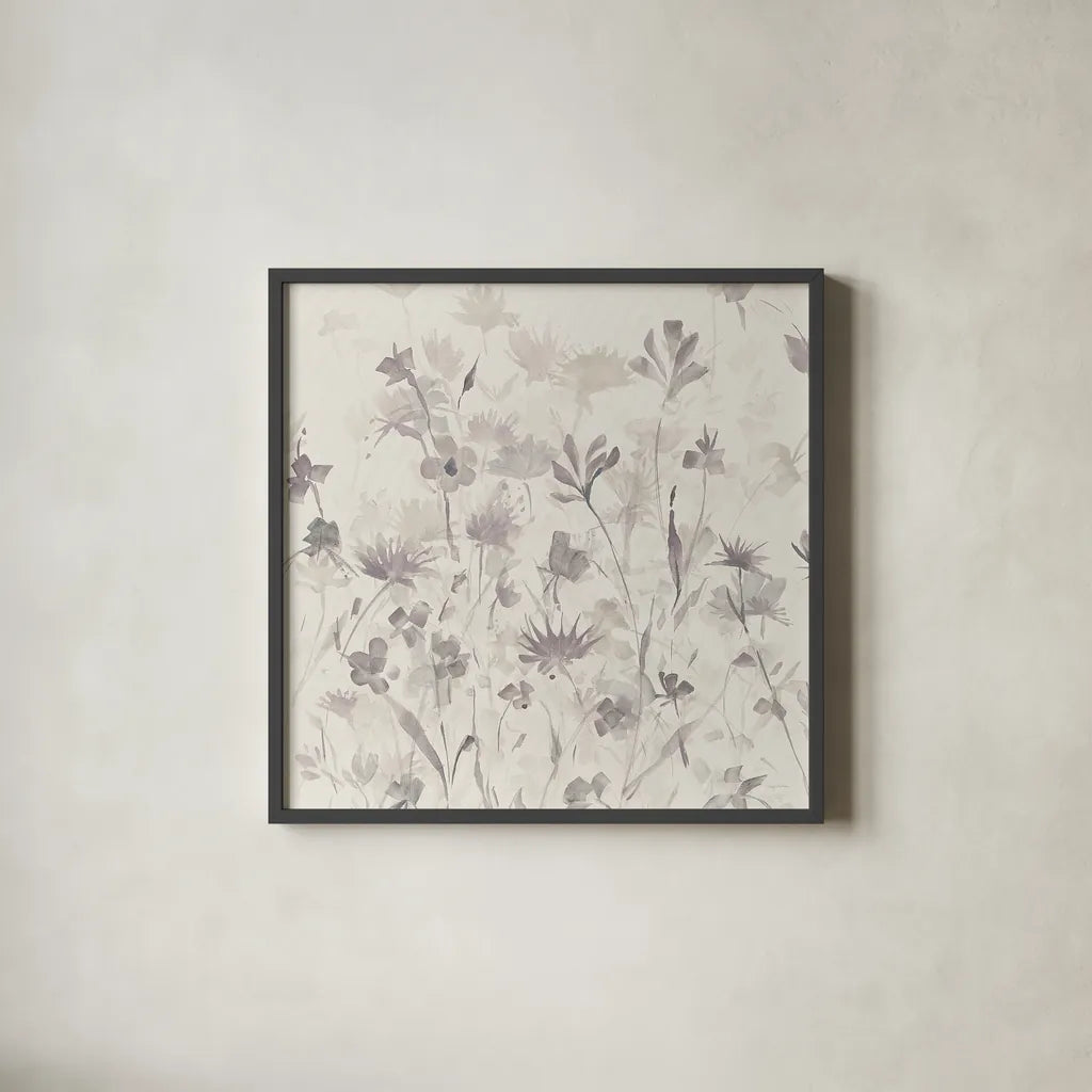 Garden Shadows IV Purple Grey by Avery Tillmon. Shown in a sleek black glass frame for a contemporary gallery look. Available as an archival giclee rolled canvas, fine art paper, or poster print. SKU 29005a.