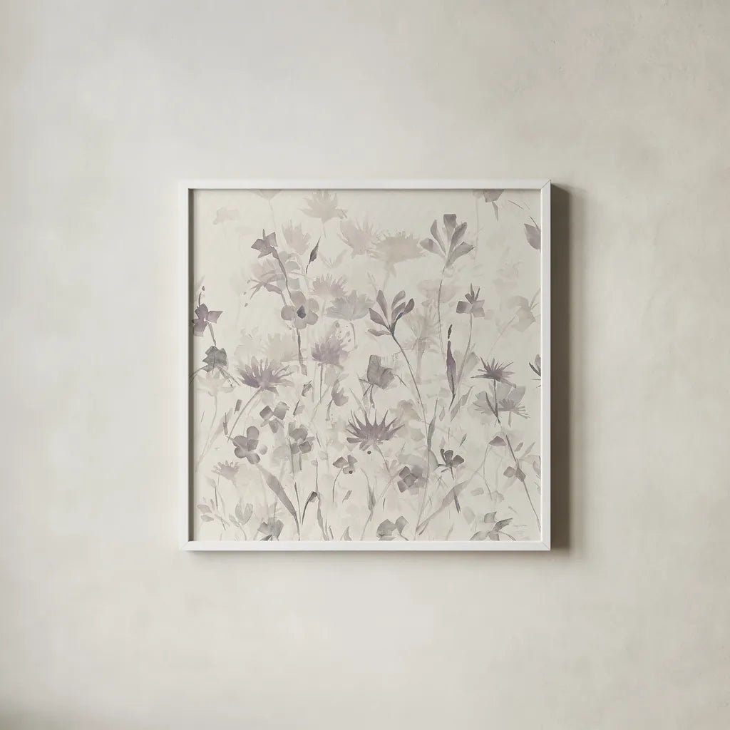 Garden Shadows IV Purple Grey by Avery Tillmon. Shown in a crisp white glass frame for a clean and minimalist style. Available as an archival giclee rolled canvas, fine art paper, or poster print. SKU 29005a.