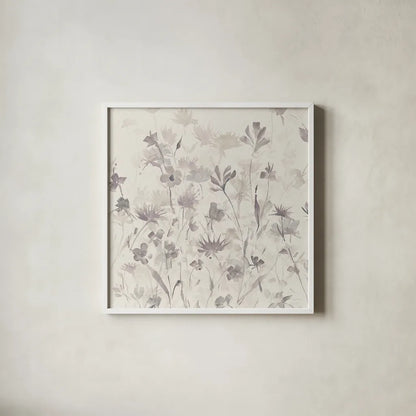 Garden Shadows IV Purple Grey by Avery Tillmon. Shown in a crisp white glass frame for a clean and minimalist style. Available as an archival giclee rolled canvas, fine art paper, or poster print. SKU 29005a.