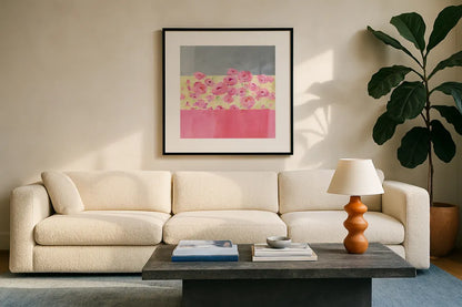 Garden Walk by Avery Tillmon. Displayed in a glass frame with matte in a clean modern living room. Available as an archival giclee rolled canvas, fine art paper, or poster print. SKU 36357a.