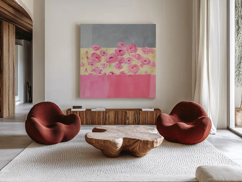 Garden Walk by Avery Tillmon. Shown as extra-large giant wall art in a modern living room. Available as an archival giclee rolled canvas, fine art paper, or poster print. SKU 36357a.
