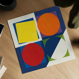 Geo Bright Primary by Avery Tillmon. Shown as a detailed flat fine art print, highlighting archival giclee quality. Available as an archival giclee rolled canvas, fine art paper, or poster print. SKU 82313a.