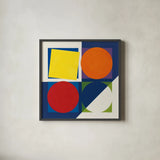 Geo Bright Primary by Avery Tillmon. Shown in a sleek black glass frame for a contemporary gallery look. Available as an archival giclee rolled canvas, fine art paper, or poster print. SKU 82313a.