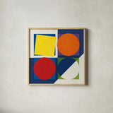 Geo Bright Primary by Avery Tillmon. Shown in a natural wood glass frame for a timeless modern aesthetic. Available as an archival giclee rolled canvas, fine art paper, or poster print. SKU 82313a.