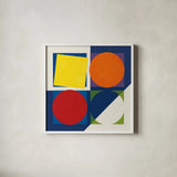 Geo Bright Primary by Avery Tillmon. Shown in a crisp white glass frame for a clean and minimalist style. Available as an archival giclee rolled canvas, fine art paper, or poster print. SKU 82313a.