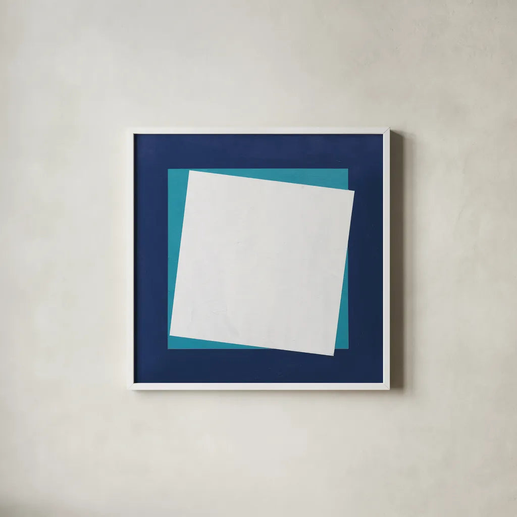 Geo Core Blue by Avery Tillmon. Shown in a crisp white glass frame for a clean and minimalist style. Available as an archival giclee rolled canvas, fine art paper, or poster print. SKU 72254a.