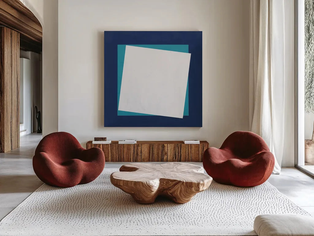 Geo Core Blue by Avery Tillmon. Shown as extra-large giant wall art in a modern living room. Available as an archival giclee rolled canvas, fine art paper, or poster print. SKU 72254a.