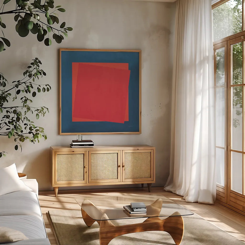 Geo Core Bright by Avery Tillmon. Shown in a natural wood frame in a cozy modern living room. Available as an archival giclee rolled canvas, fine art paper, or poster print. SKU 79769a.