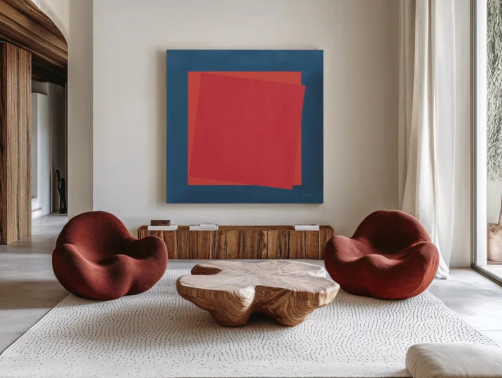 Geo Core Bright by Avery Tillmon. Shown as extra-large giant wall art in a modern living room. Available as an archival giclee rolled canvas, fine art paper, or poster print. SKU 79769a.