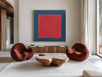 Geo Core Bright by Avery Tillmon. Shown as extra-large giant wall art in a modern living room. Available as an archival giclee rolled canvas, fine art paper, or poster print. SKU 79769a.