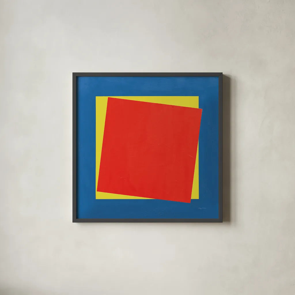 Geo Core Bright Primary by Avery Tillmon. Shown in a sleek black glass frame for a contemporary gallery look. Available as an archival giclee rolled canvas, fine art paper, or poster print. SKU 82314a.